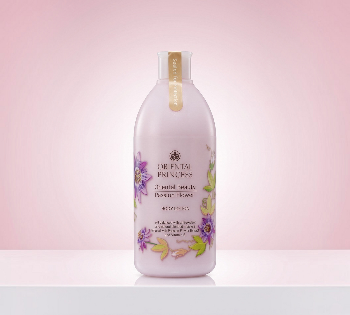 Thai Ranee Oriental Princess Passion Flower body lotion in a light pink bottle with floral illustrations.