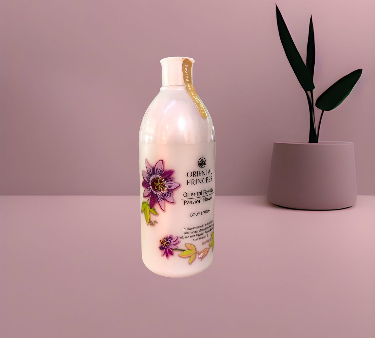 Thai Ranee Oriental Princess Passion Flower body lotion in a white bottle with floral design and protective seal.