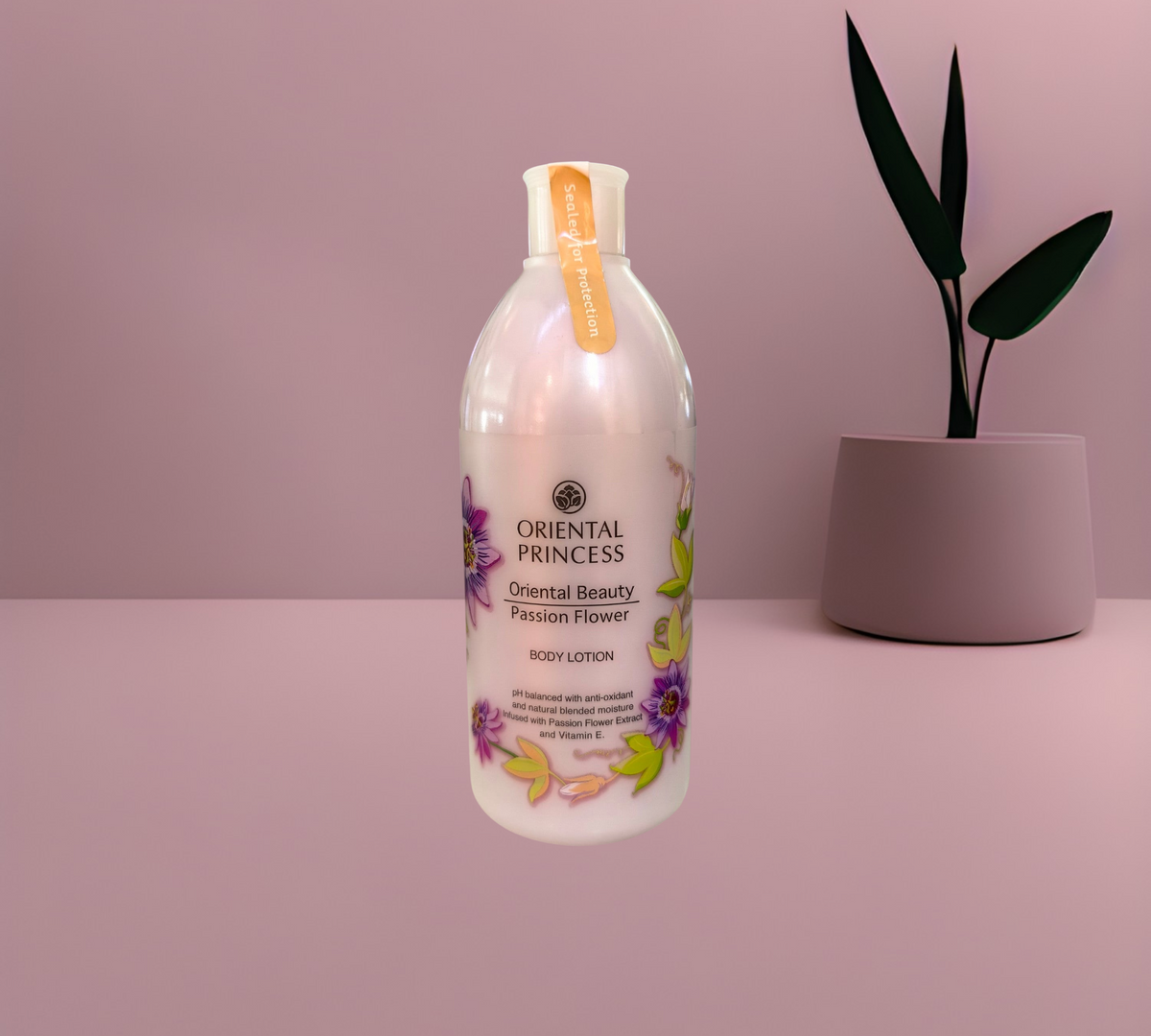 Thai Ranee Oriental Princess Passion Flower body lotion in a white bottle with floral graphics and a safety seal.
