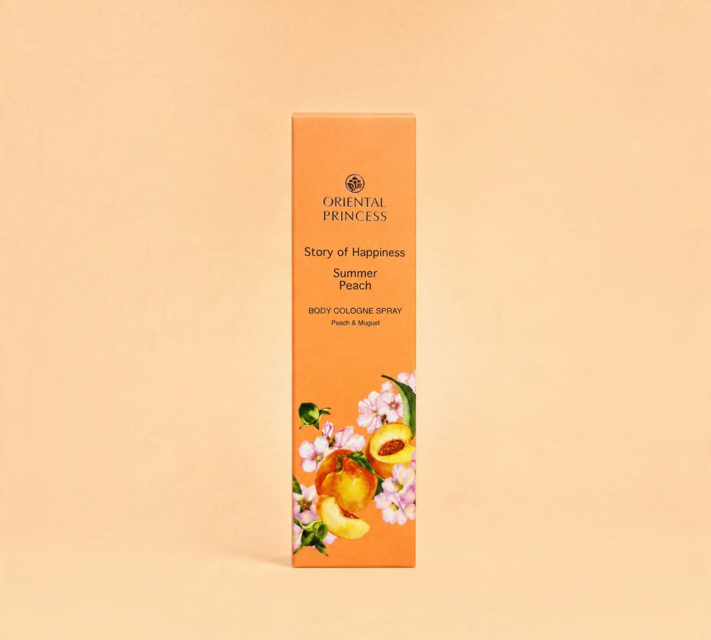 Thai Ranee Oriental Princess Summer Peach body cologne spray in an orange box with peach and floral illustrations.