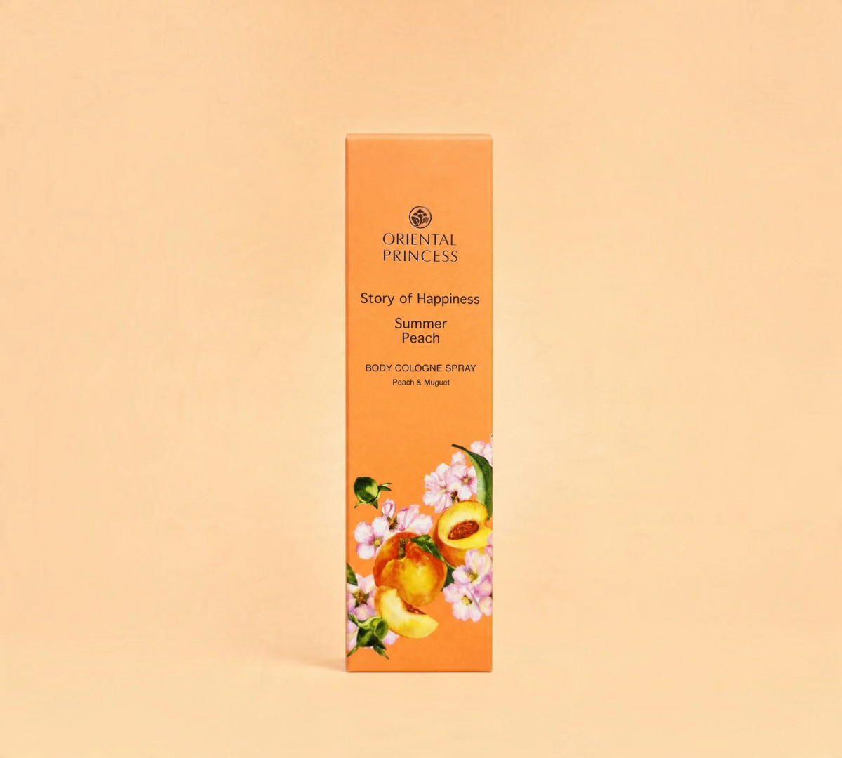 Thai Ranee Oriental Princess Summer Peach body cologne spray in an orange box with peach and floral illustrations.