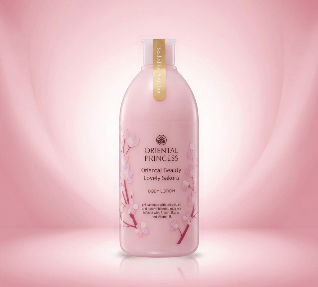 Thai Ranee Oriental Princess Lovely Sakura body lotion in a pink bottle with cherry blossom floral design.