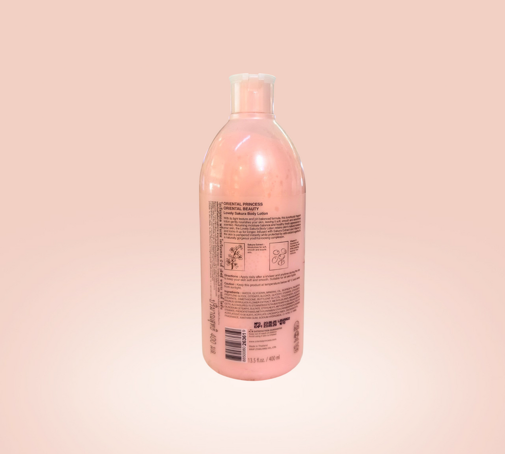 Thai Ranee Oriental Princess Lovely Sakura body lotion bottle with floral design and detailed ingredient information