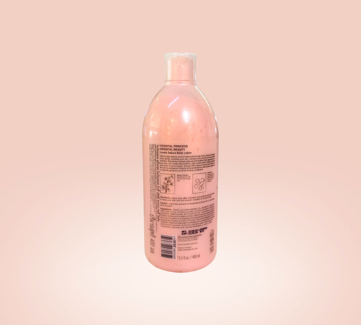 Thai Ranee Oriental Princess Lovely Sakura body lotion bottle with floral design and detailed ingredient information