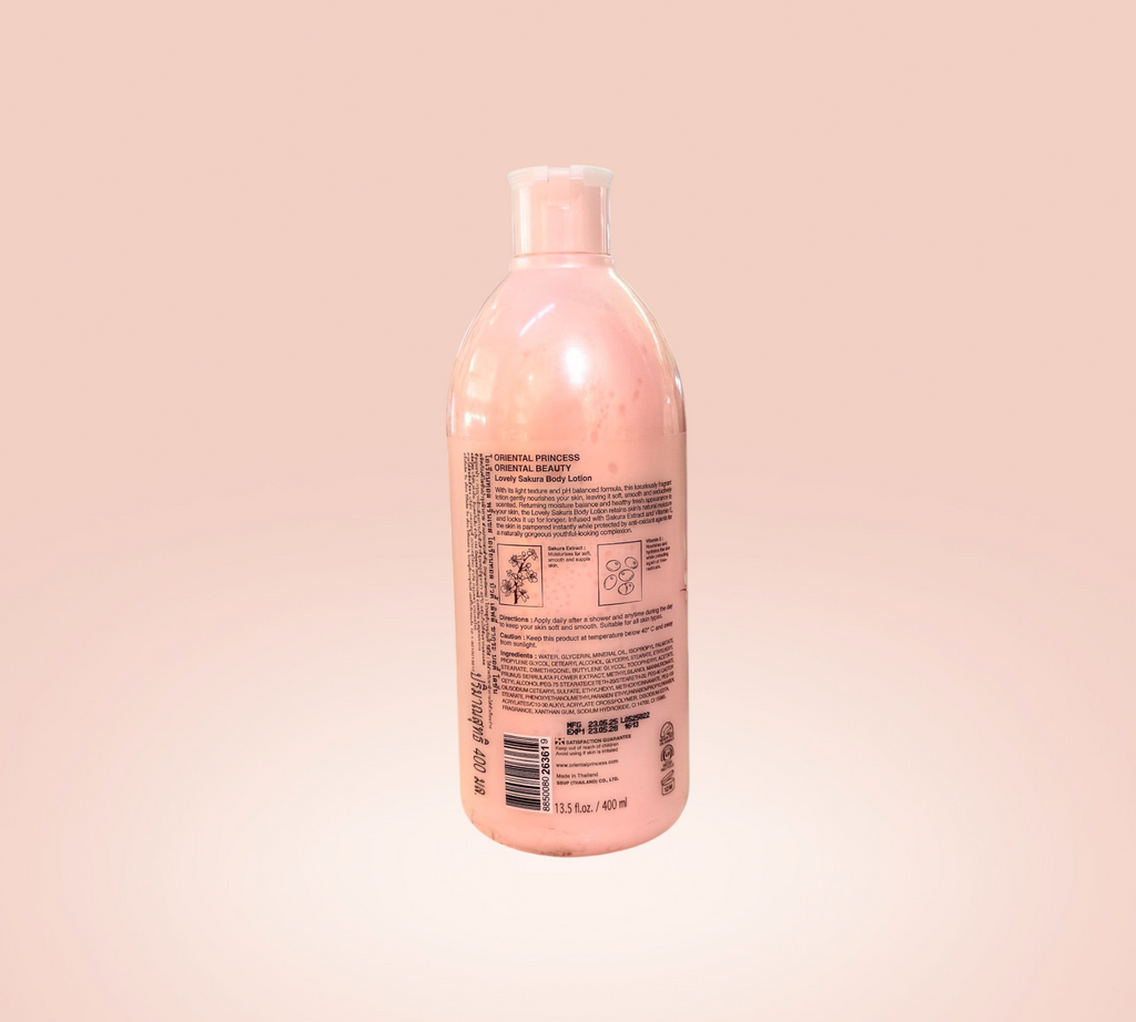 Thai Ranee Oriental Princess Lovely Sakura body lotion bottle with pink packaging and detailed product information