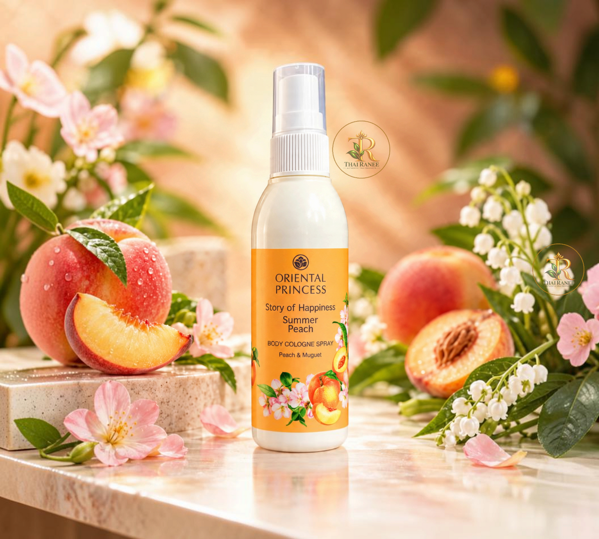 Thai Ranee Oriental Princess Summer Peach body cologne spray with notes of pear and muguet in a 100ml bottle