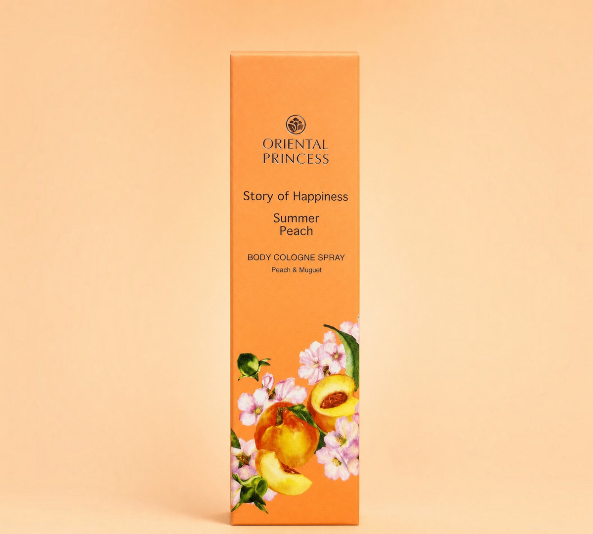 Thai Ranee Oriental Princess Story of Happiness Summer Peach body cologne spray with floral and fruit illustrations