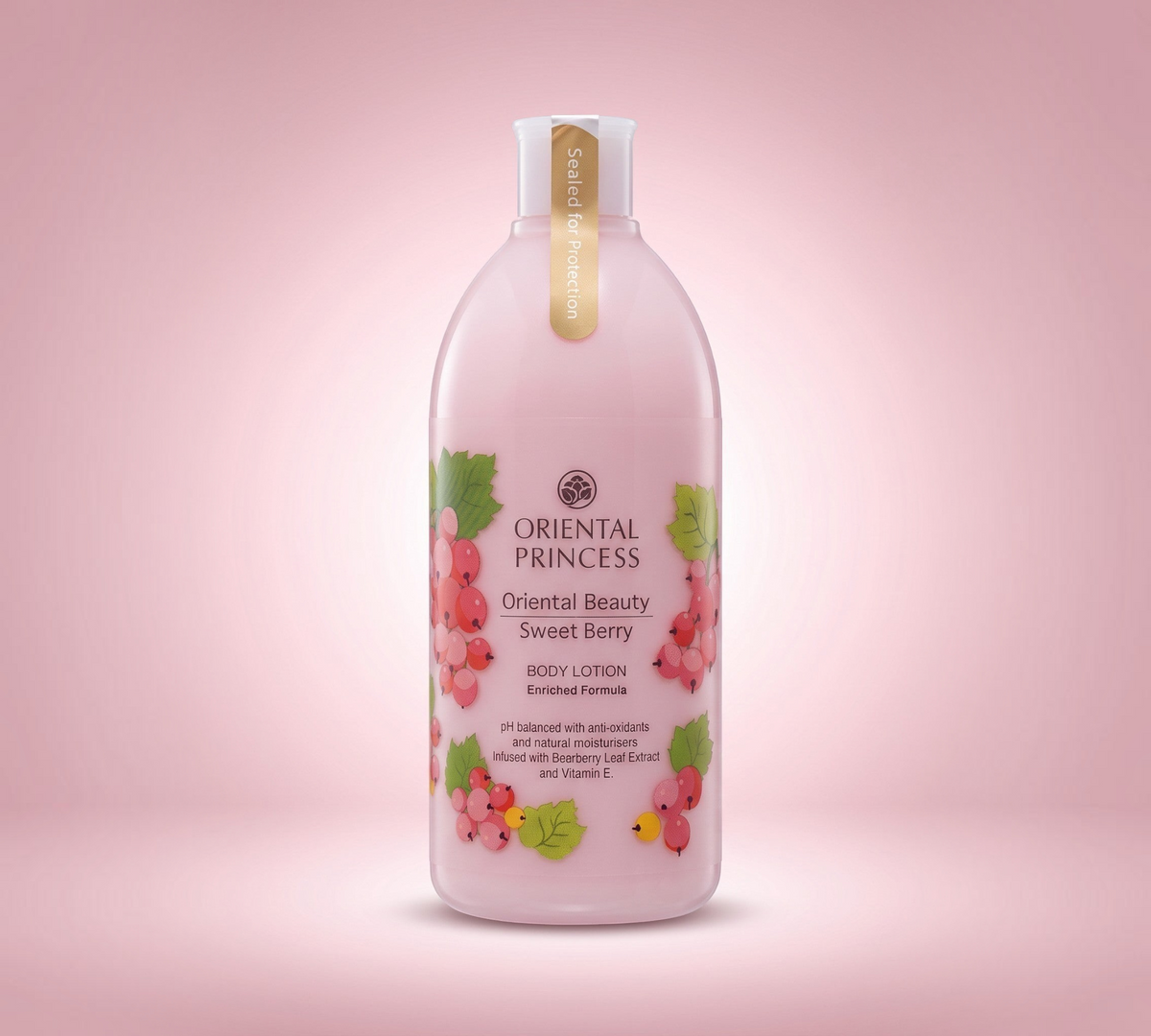 Thai Ranee Oriental Princess Sweet Berry body lotion in a pink bottle with berry illustrations and a safety seal.