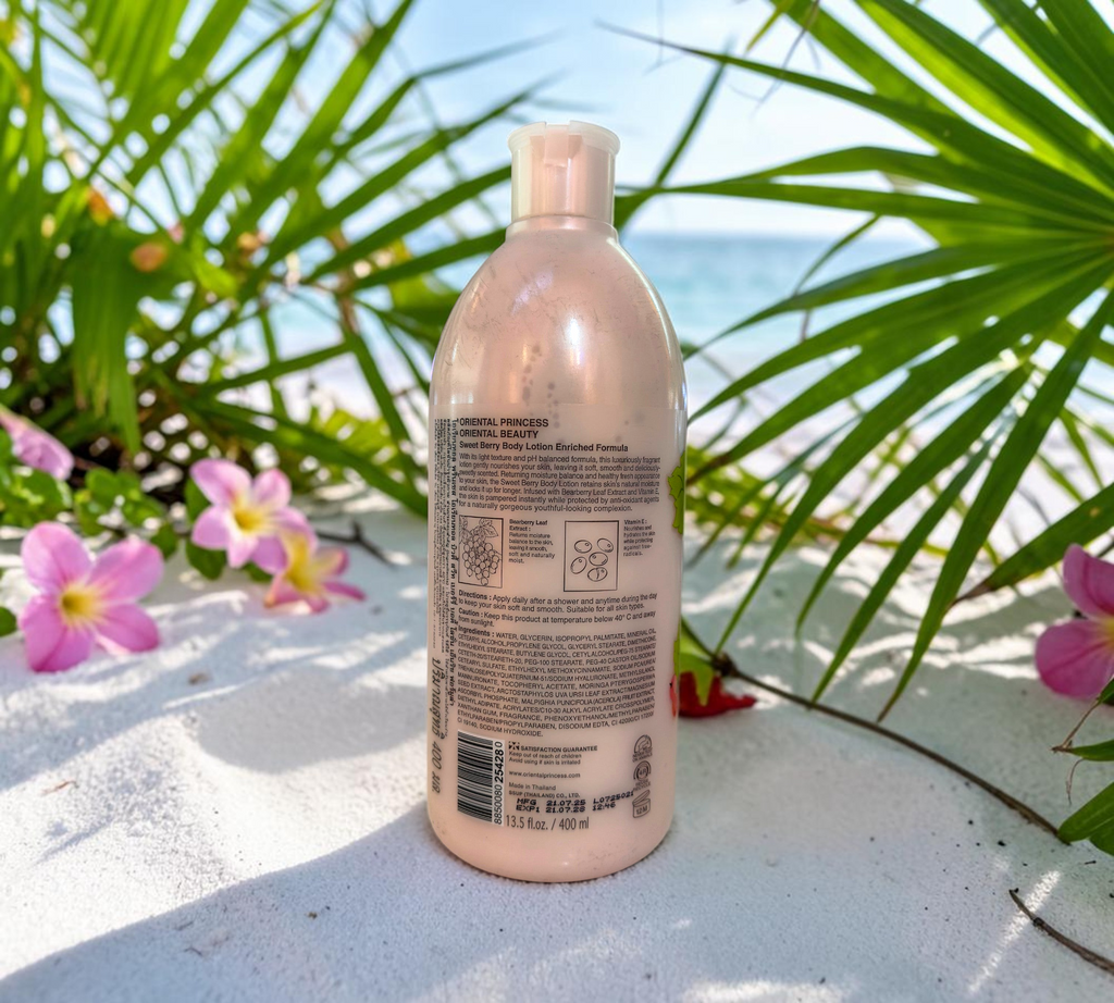 Thai Ranee Oriental Princess Sweet Berry body lotion bottle with detailed ingredient label and berry illustrations.