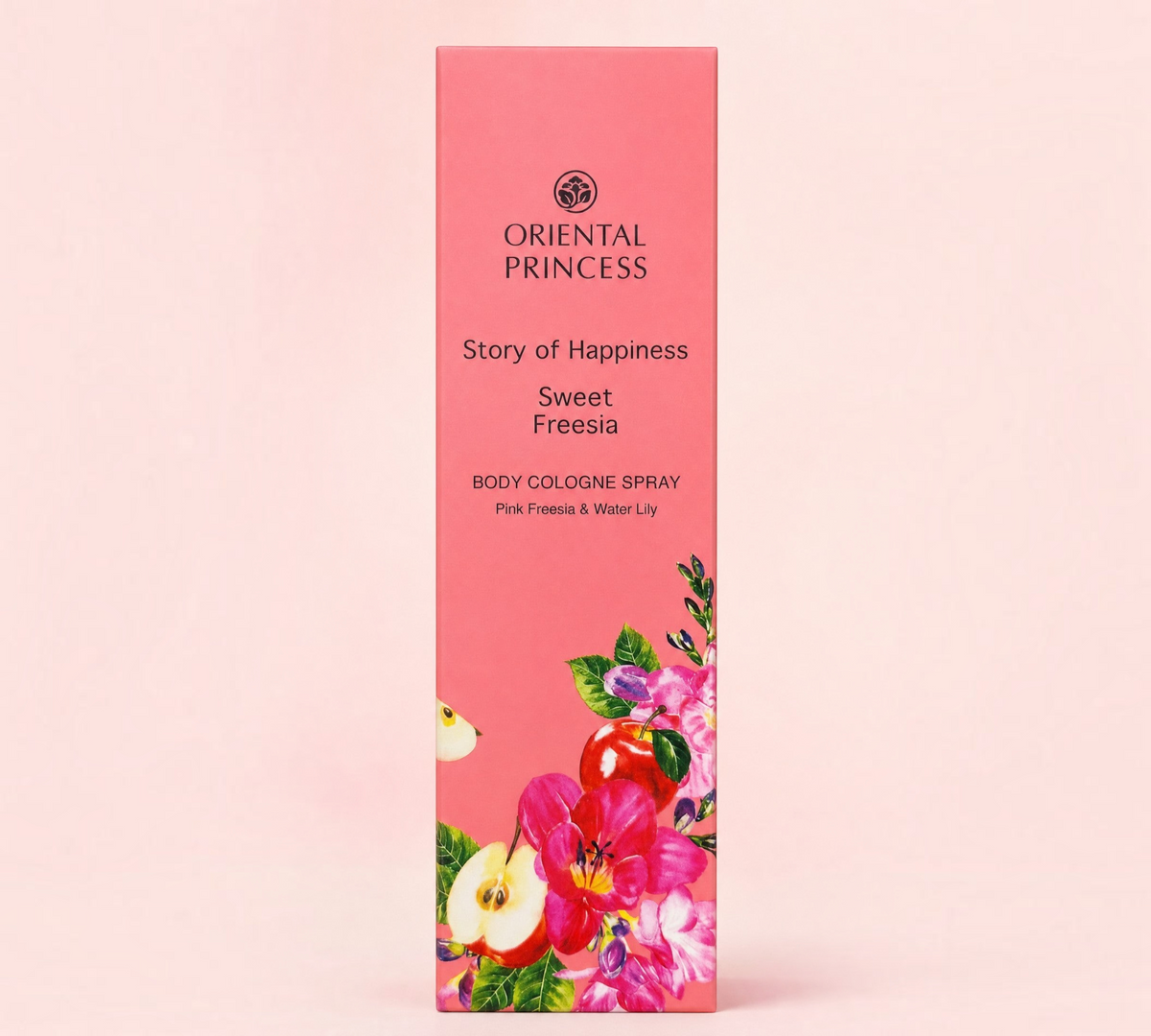 Thai Ranee Oriental Princess Story of Happiness Sweet Freesia body cologne spray with floral and fruit illustrations.