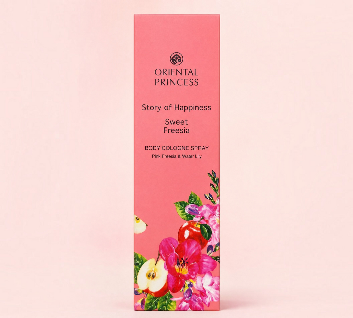 Thai Ranee Oriental Princess Sweet Freesia body cologne spray in a pink floral bottle with apple and lily illustrations