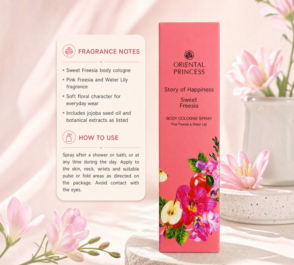 Thai Ranee Oriental Princess Sweet Freesia body cologne spray in a pink floral box with fragrance notes and usage tips