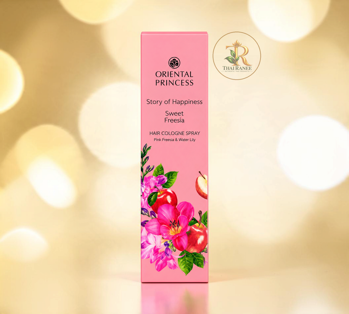 Thai Ranee Oriental Princess Sweet Freesia hair cologne spray in a pink floral box with apple and jasmine illustrations