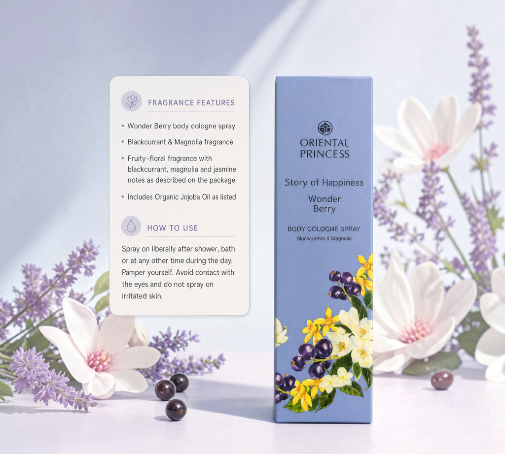 Thai Ranee Oriental Princess Wonder Berry body cologne spray box with floral and blackcurrant illustrations