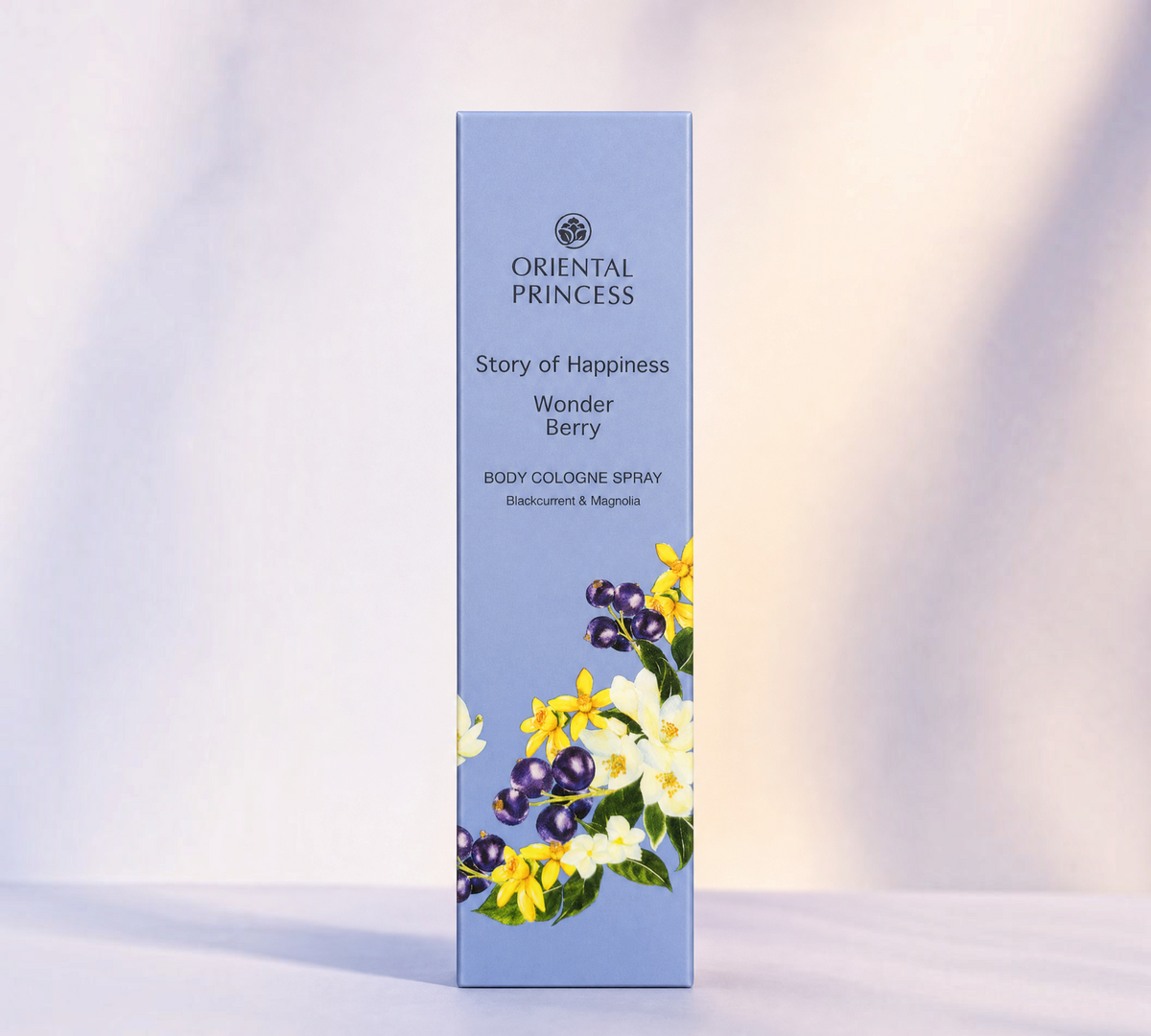 Thai Ranee Oriental Princess Wonder Berry body cologne spray in a light purple box with blackcurrant and floral art.