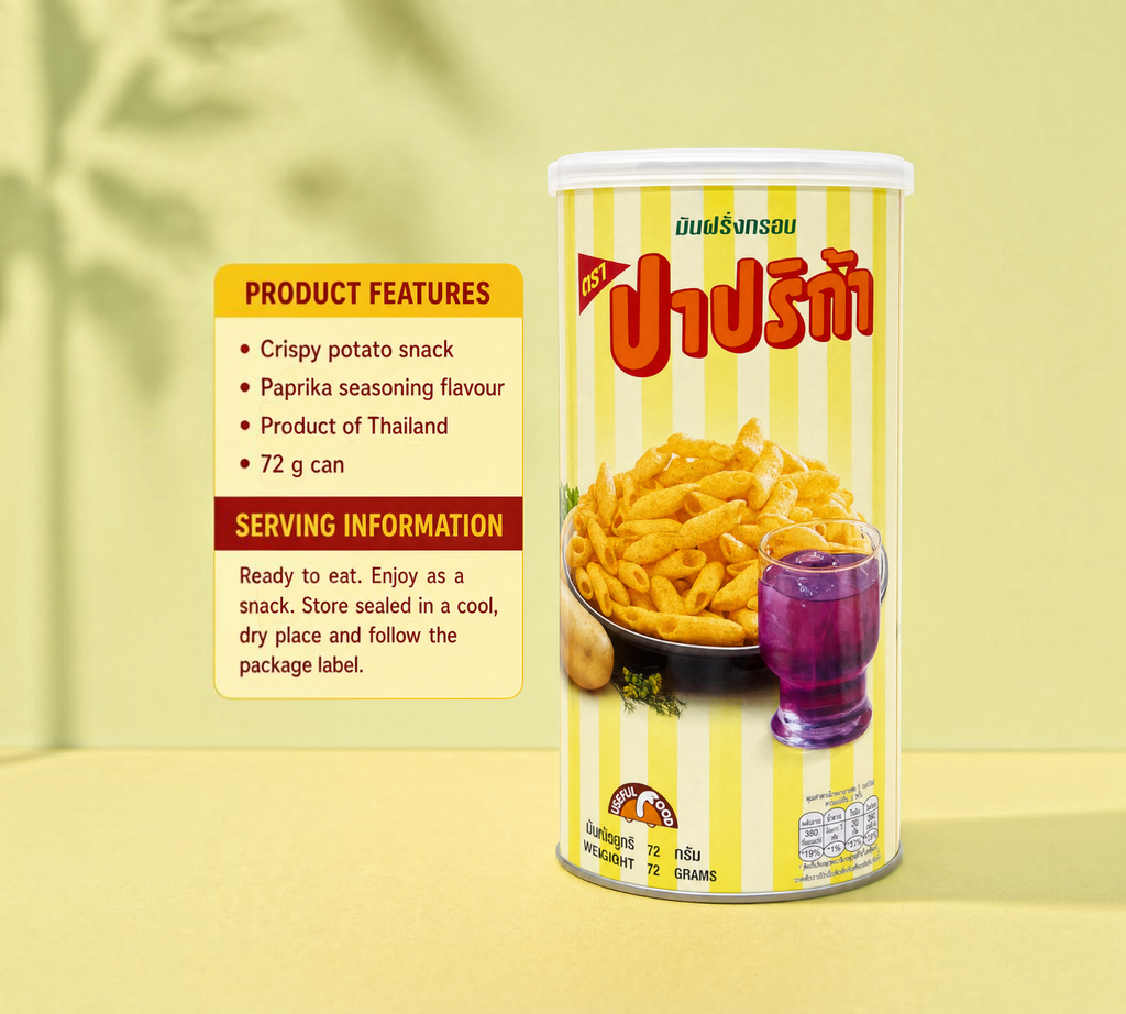 Thai Ranee CS1 Paprika Potato Snack in a 72g yellow striped can with a bowl of crunchy tube-shaped potato snacks.