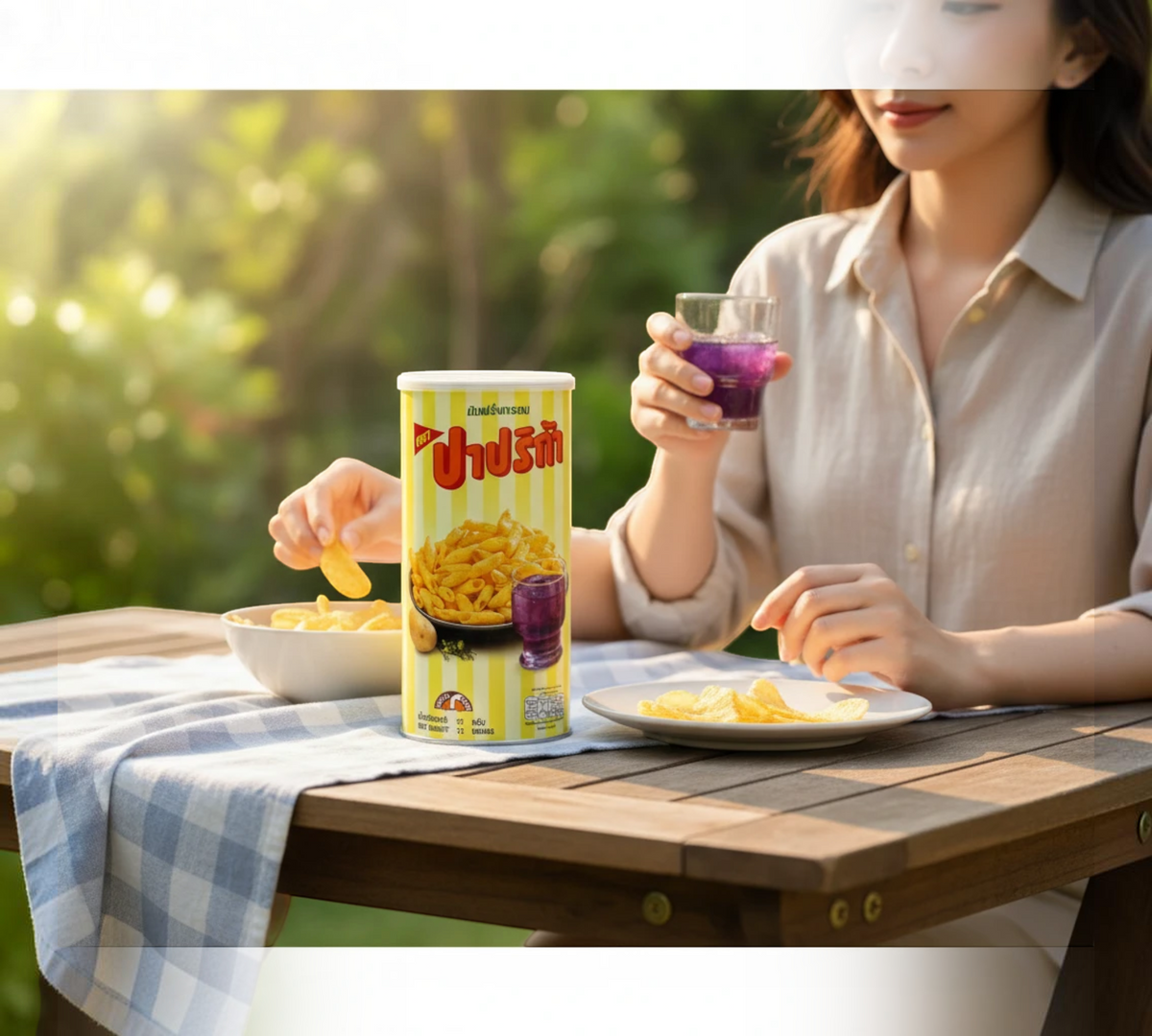Thai Ranee CS1 paprika potato snack in a tube container on a wooden table with a woman enjoying snacks and a drink