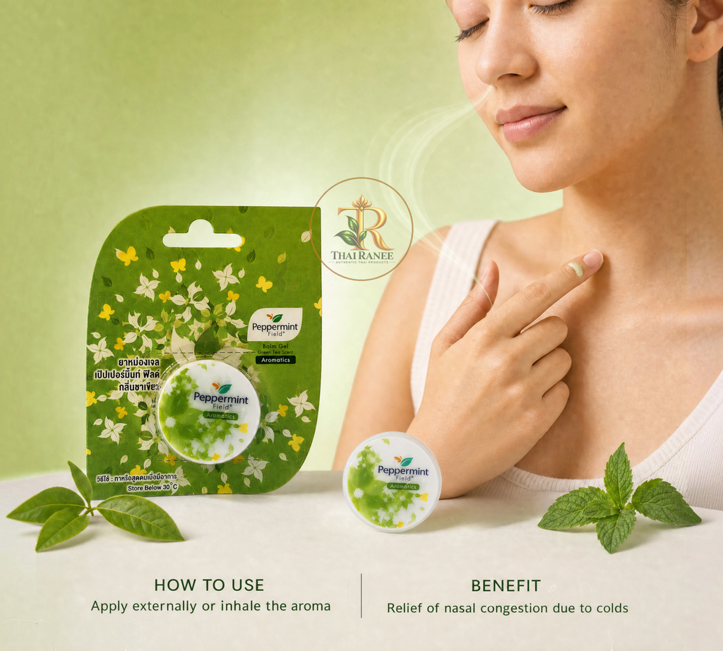 Thai Ranee Peppermint Field green tea balm gel for nasal congestion relief, shown with packaging and application.
