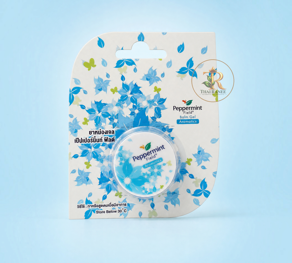 Thai Ranee Peppermint Field Aromatics Balm Gel in floral packaging for nasal congestion relief and cooling comfort.
