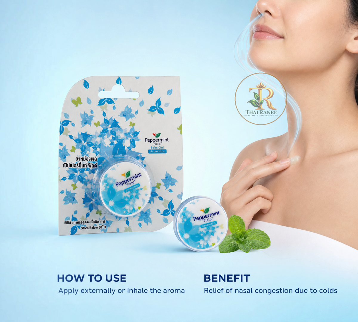 Thai Ranee Peppermint Field aromatics balm gel for nasal congestion relief with cooling menthol and eucalyptus