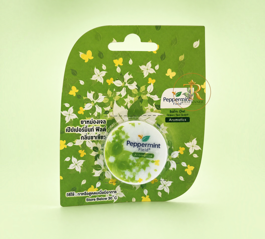 Thai Ranee Peppermint Field green tea scented balm gel in compact packaging with floral and butterfly design