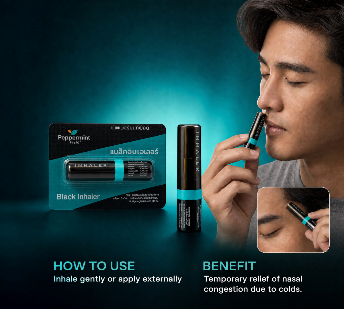 Thai Ranee Peppermint Field black aromatherapy nasal inhaler being used by a man for congestion relief