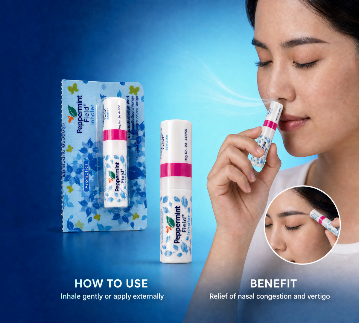Thai Ranee Peppermint Field Aromatics nasal inhaler being used by a woman for congestion relief and aromatherapy.