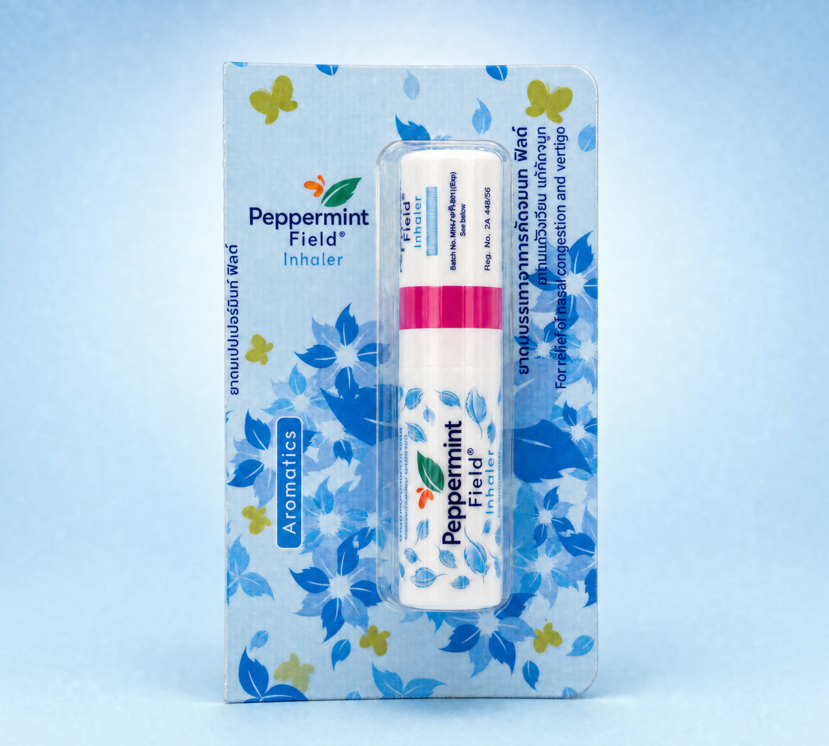 Thai Ranee Peppermint Field Aromatics nasal inhaler in blue floral packaging for congestion and vertigo relief