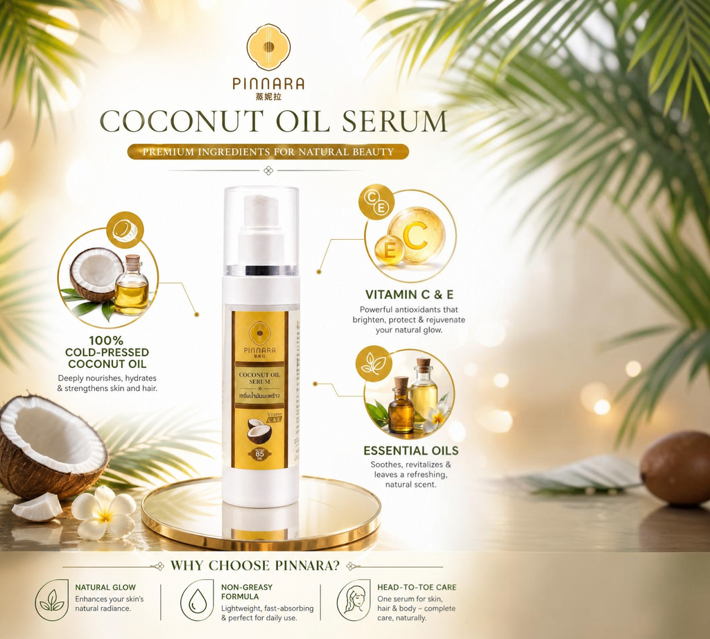 Thai Ranee Pinnara Coconut Oil Serum 85ml bottle with coconut, Vitamin C and E, and essential oil ingredients.
