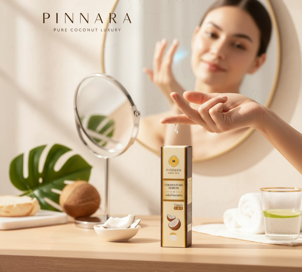 Thai Ranee PINNARA coconut oil serum bottle on a wooden vanity with a woman applying the product in the background