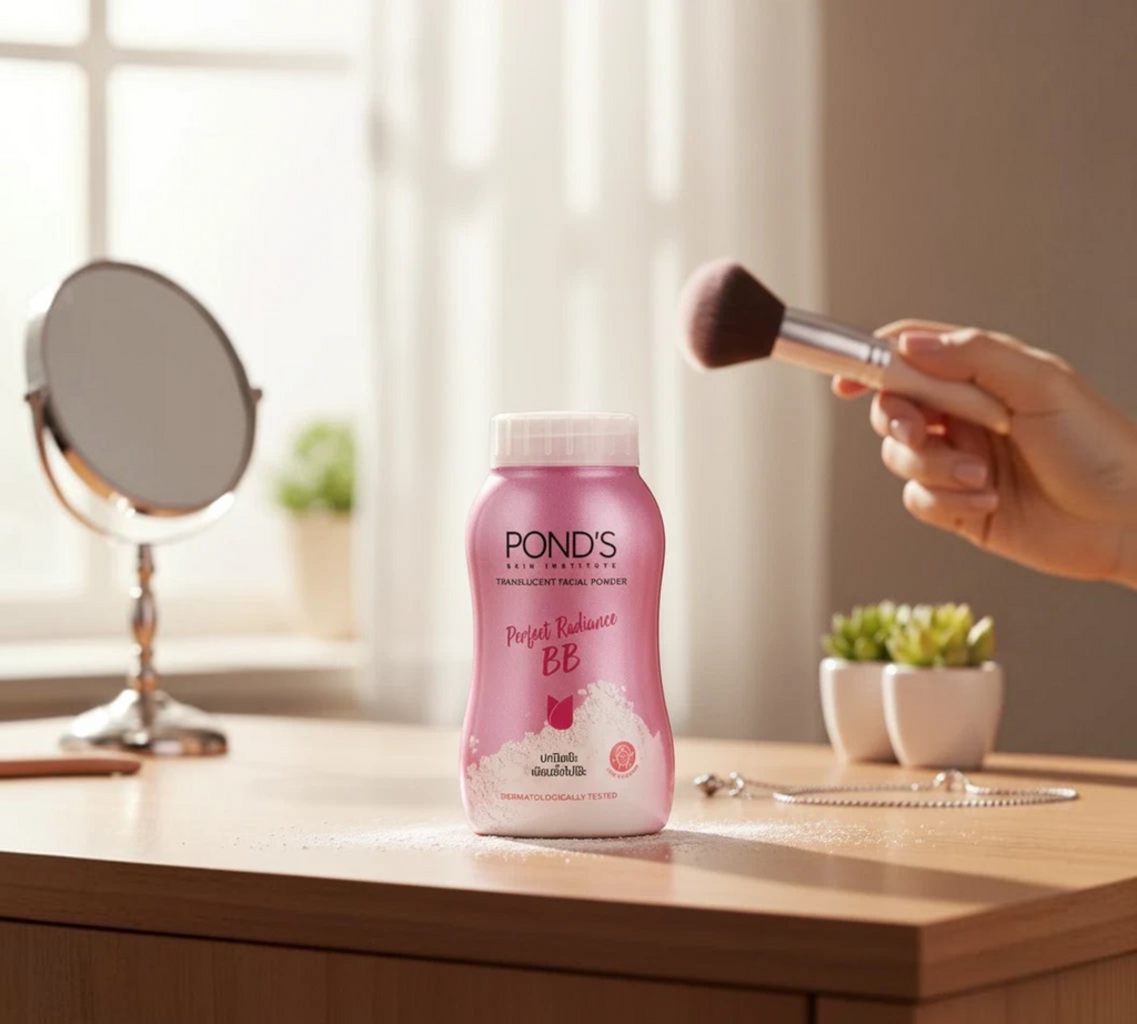 Thai Ranee POND'S Perfect Radiance BB translucent facial powder bottle on a vanity table with a makeup brush nearby.