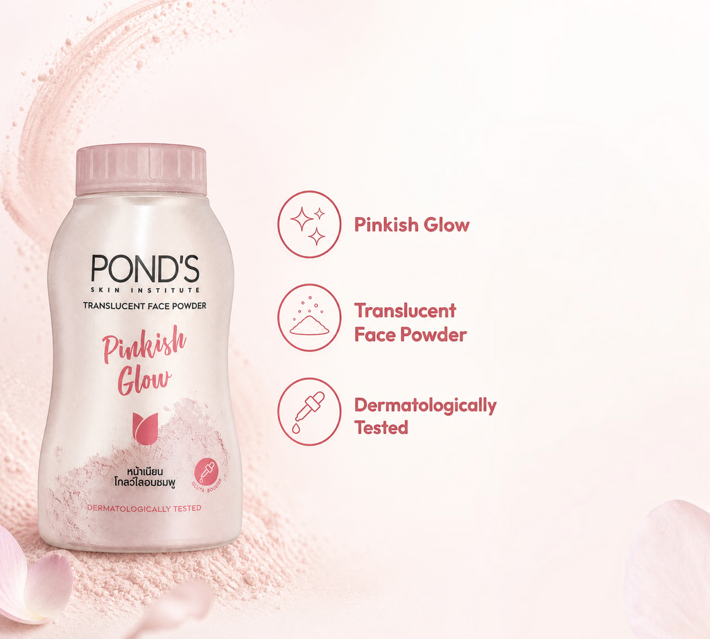 Thai Ranee Pond's Skin Institute Pinkish Glow translucent face powder bottle with soft pink powder dusting effect