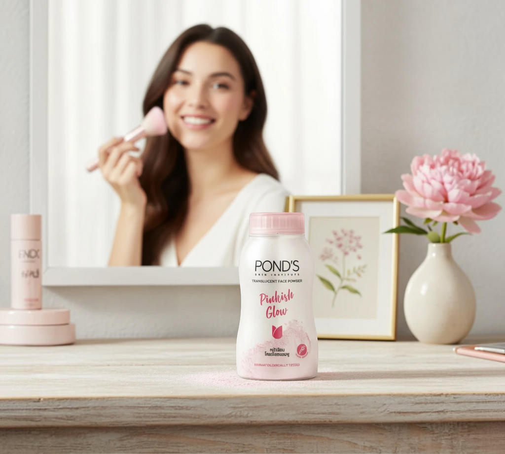 Thai Ranee Pond's Skin Institute Pinkish Glow translucent face powder bottle on a vanity with a woman in the background