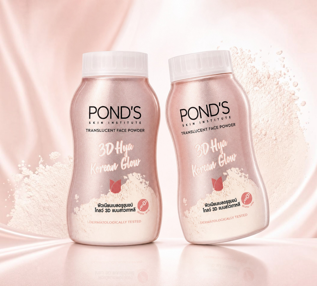 Thai Ranee POND'S 3D Hya Korean Glow translucent face powder bottles on a soft pink background with powder dust.