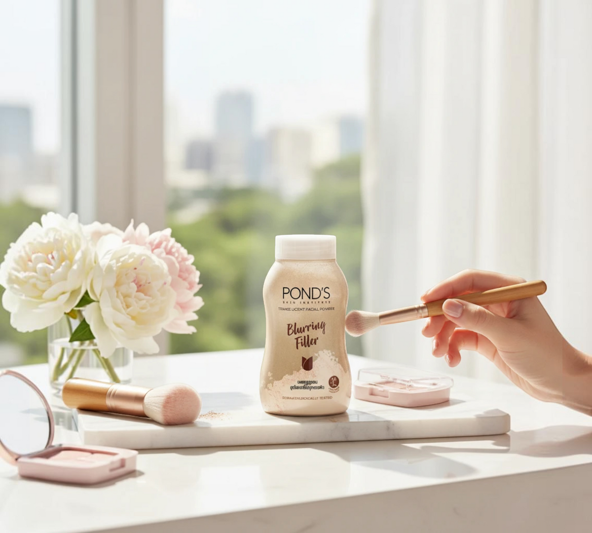Thai Ranee POND'S Translucent Facial Powder Blurring Filler on a marble table with makeup brushes and white flowers.
