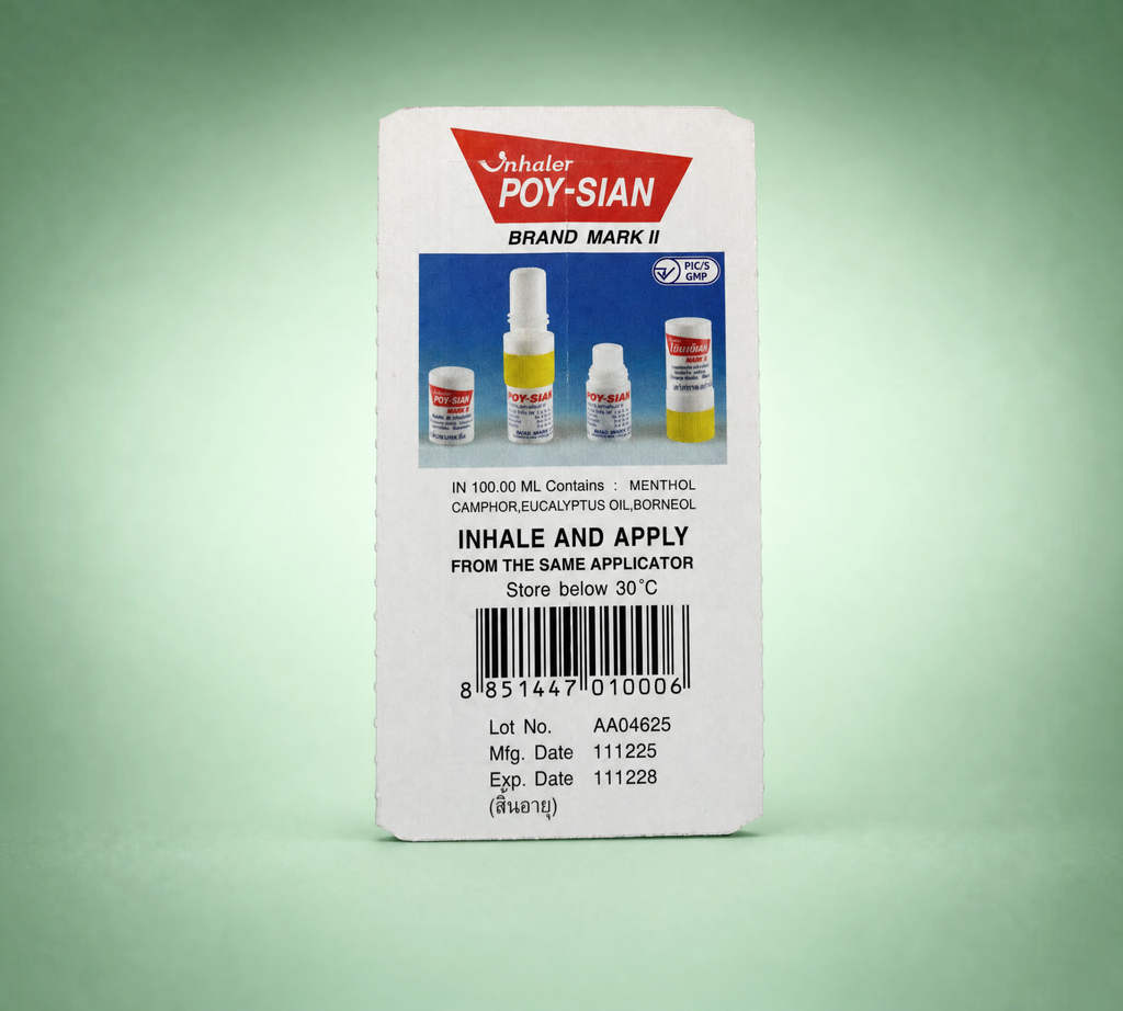Thai Ranee POY-SIAN Mark II nasal inhaler packaging card featuring product images, ingredients, and usage instructions.