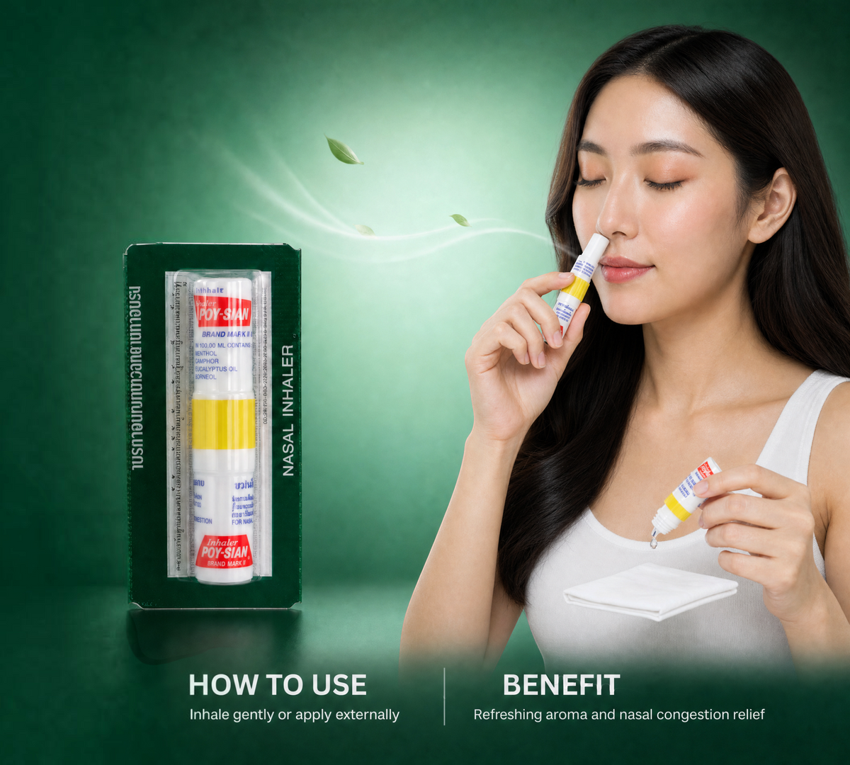 Thai Ranee POY-SIAN nasal inhaler stick being used by a woman for refreshing aromatherapy and congestion relief