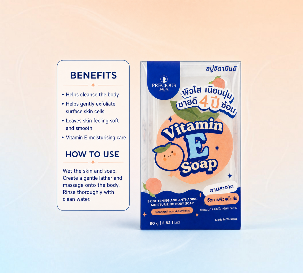Thai Ranee Precious Skin Thailand Vitamin E Soap bar in clear packaging with peach illustrations and benefits list