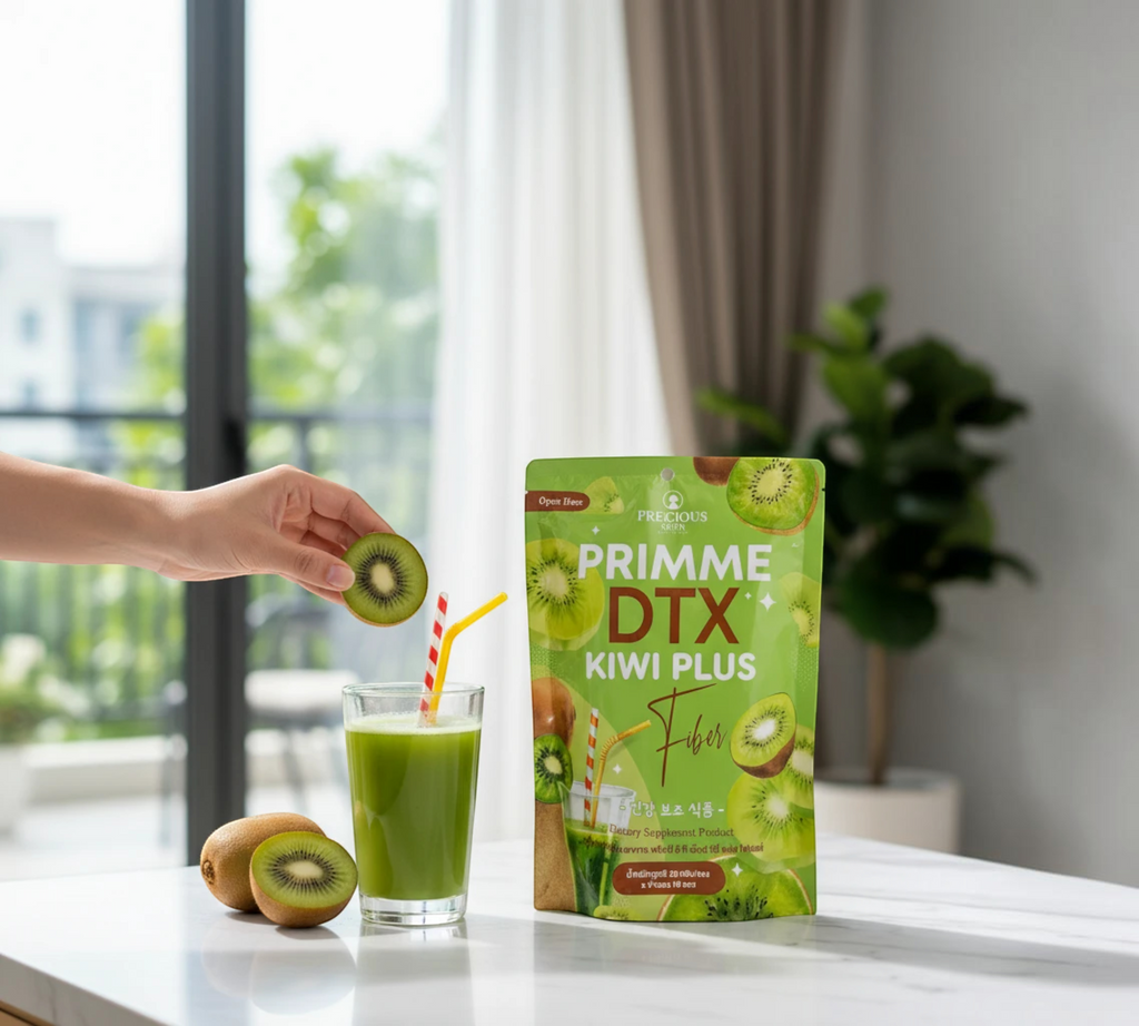 Thai Ranee Precious Skin PRIMME DTX Kiwi Plus Fiber supplement pouch with a glass of green kiwi drink on a table.
