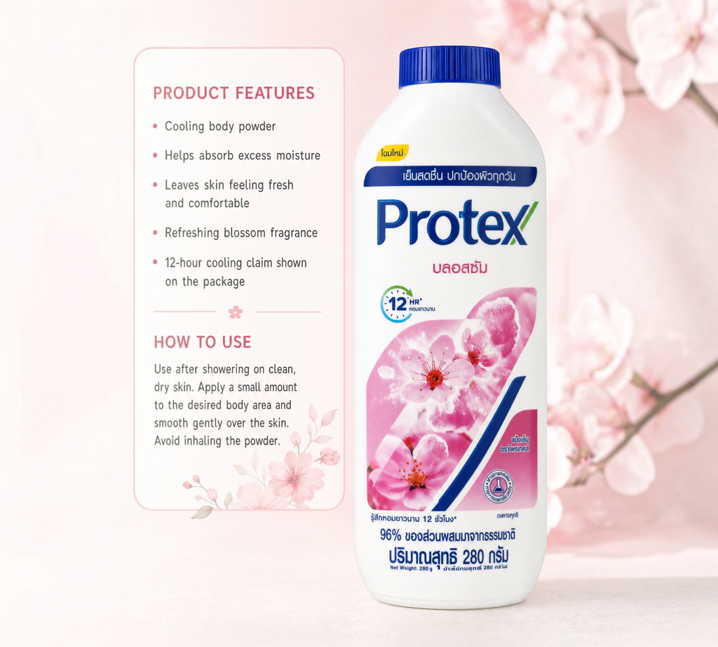 Thai Ranee Protex Blossom Cooling Powder 280g bottle with floral design for refreshing body care after showering.