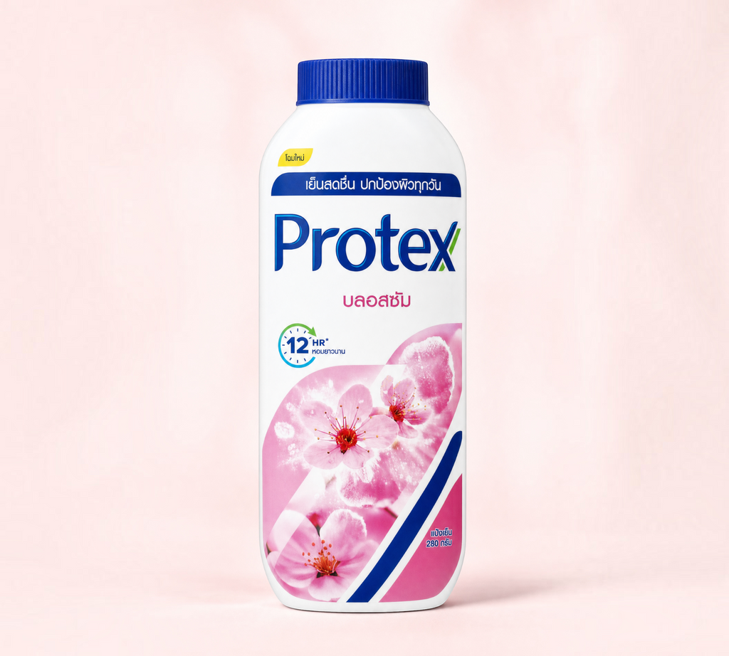 Thai Ranee Protex Blossom cooling body powder in a 280g bottle with floral design for a refreshing skin sensation.