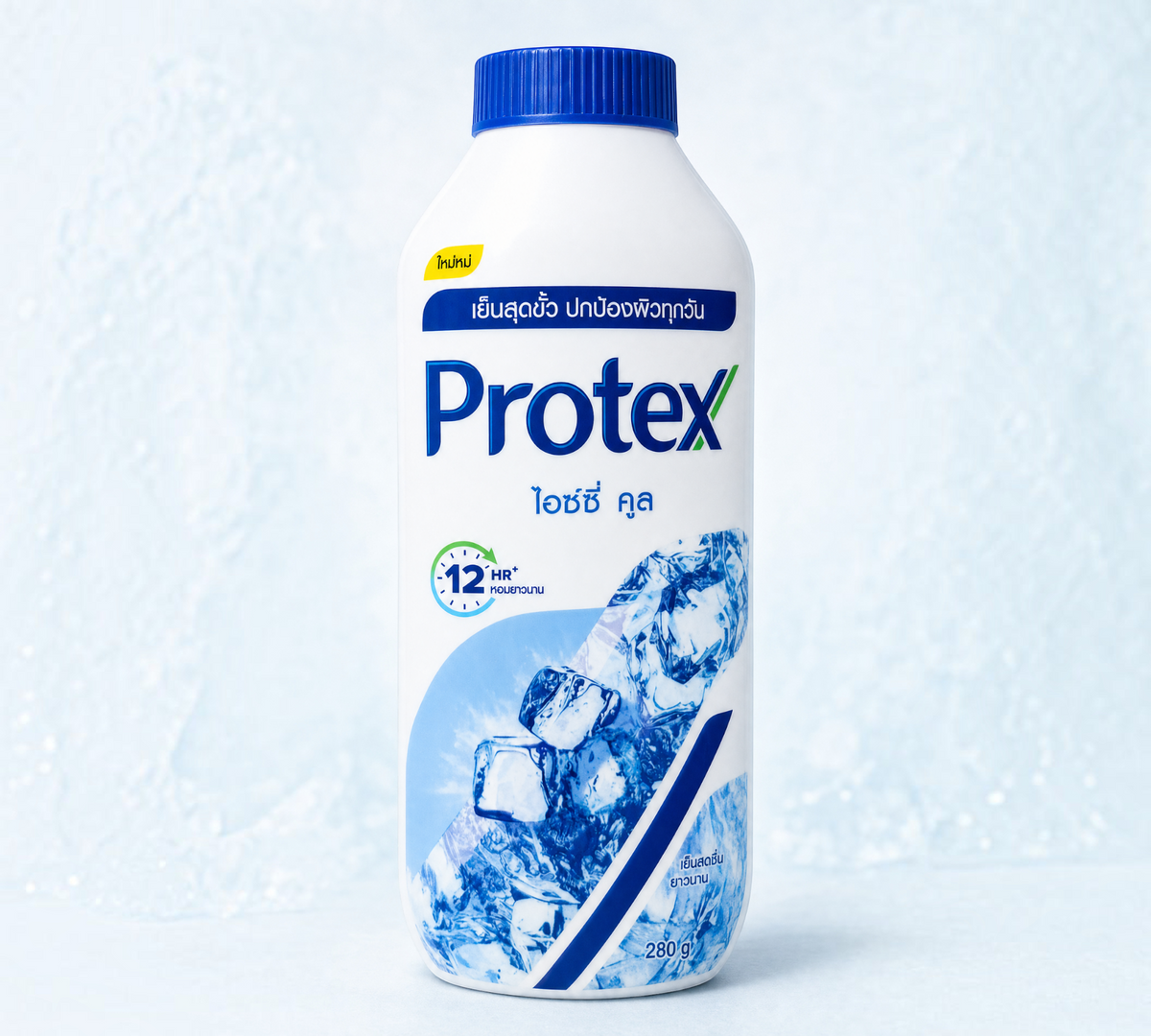 Thai Ranee Protex Icy Cool cooling body powder in a 280g bottle with menthol fragrance for refreshing skin care