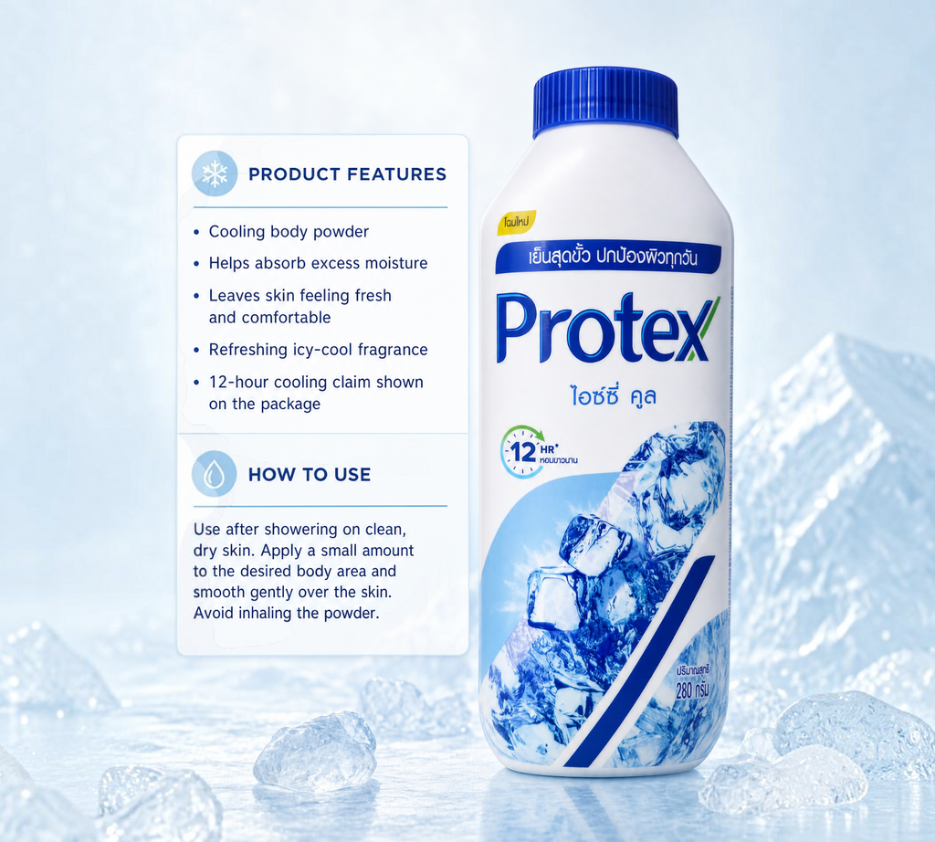 Thai Ranee Protex Icy Cool cooling body powder bottle with menthol fragrance for a refreshing sensation