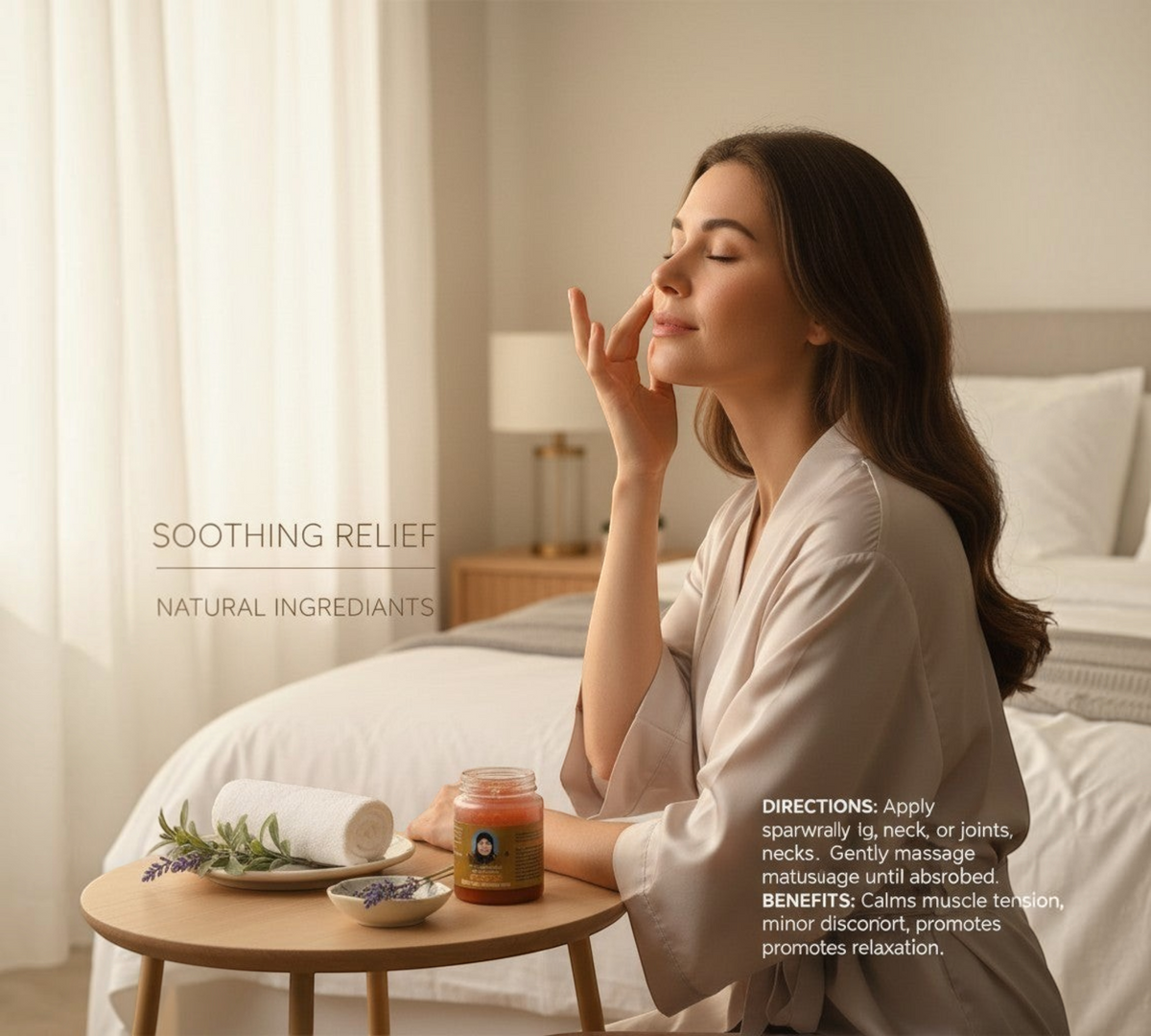 Thai Ranee Rahima Brand clove oil balm in a glass jar on a wooden table next to a woman applying it to her face