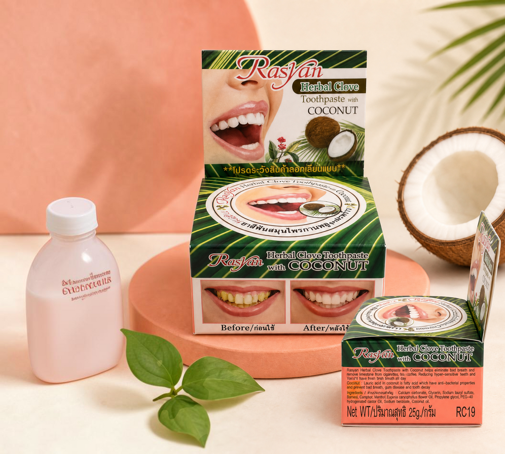 Thai Ranee Rasyan herbal clove and coconut toothpaste in a 25g box with before and after teeth whitening results