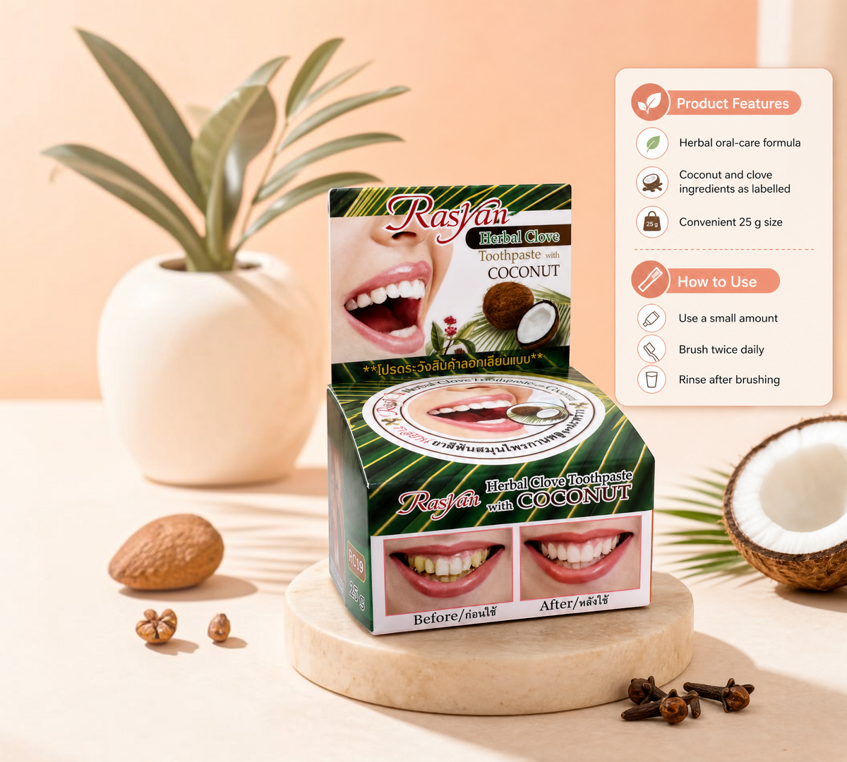 Thai Ranee Rasyan herbal clove and coconut toothpaste in a 25g box with before and after teeth whitening results