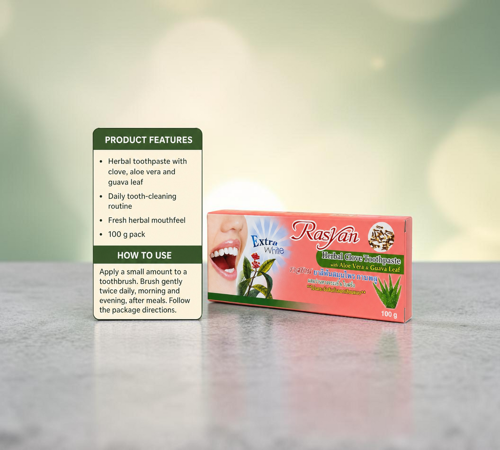 Thai Ranee Rasyan herbal clove toothpaste box with aloe vera and guava leaf extract for daily oral care