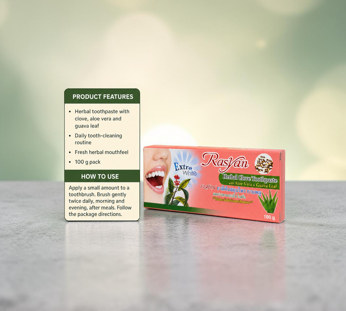 Thai Ranee Rasyan herbal clove toothpaste box with aloe vera and guava leaf extract for daily oral care