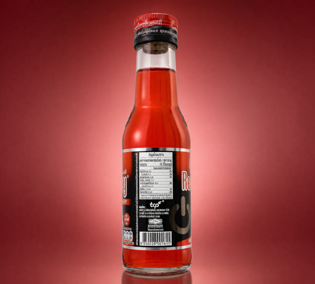 Thai Ranee Ready Goji Berry fruit juice energy drink in a 150ml glass bottle with a red cap against a red background.
