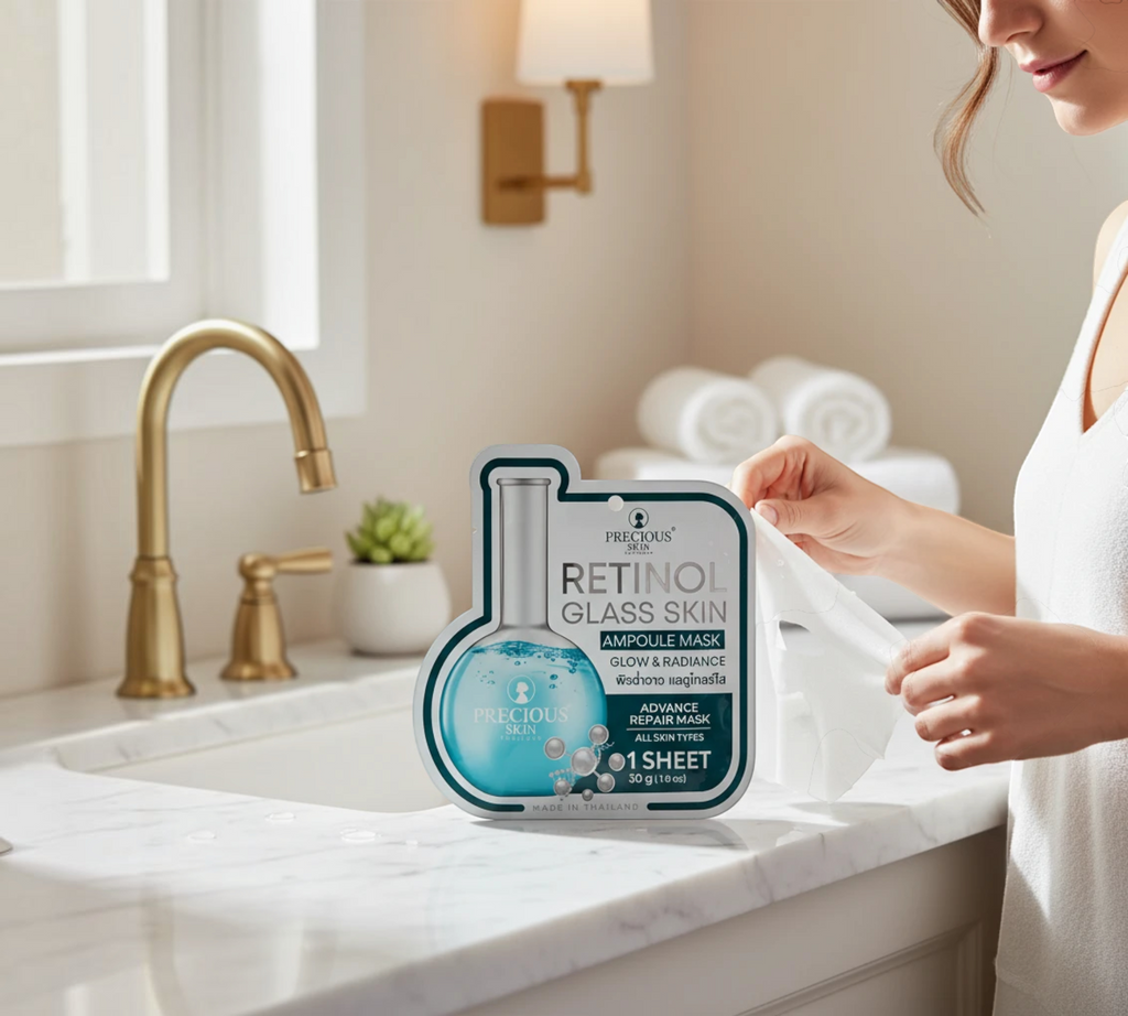 Thai Ranee Precious Skin Retinol Glass Skin ampoule sheet mask sachet held by a woman in a bright bathroom setting.